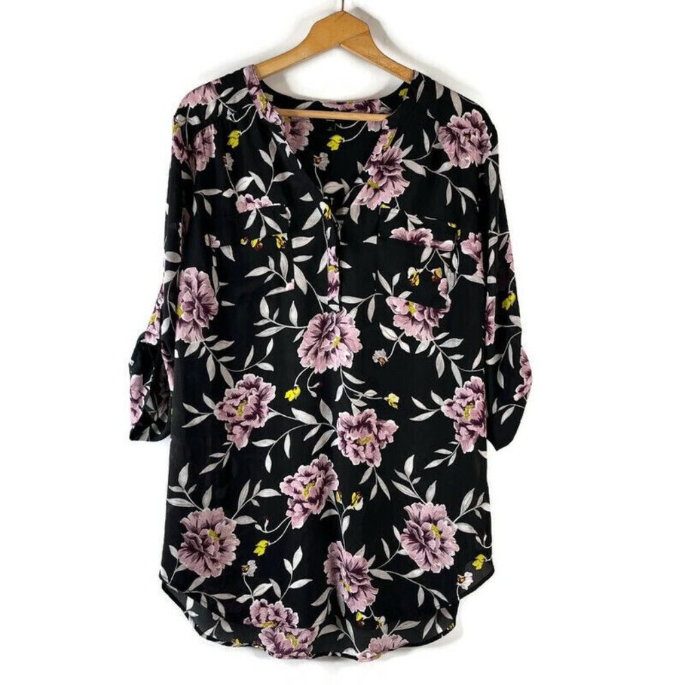 Torrid Harper Womens Tunic Top Size 2X Black Purple Floral V-Neck 3/4 Sleeve